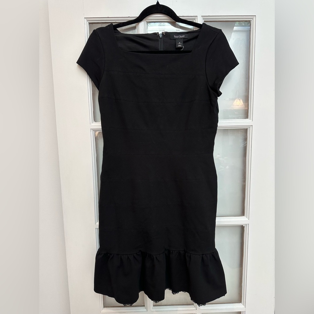 White House Black Market Black Ruffled Banded Flounce Sheath Midi Dress Size 8 M
